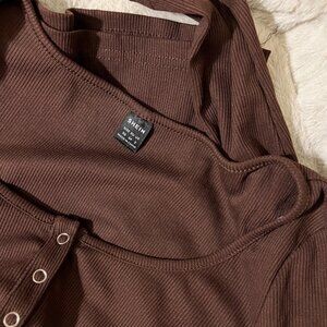 Shein Brown Henley Snap Button Long Sleeve